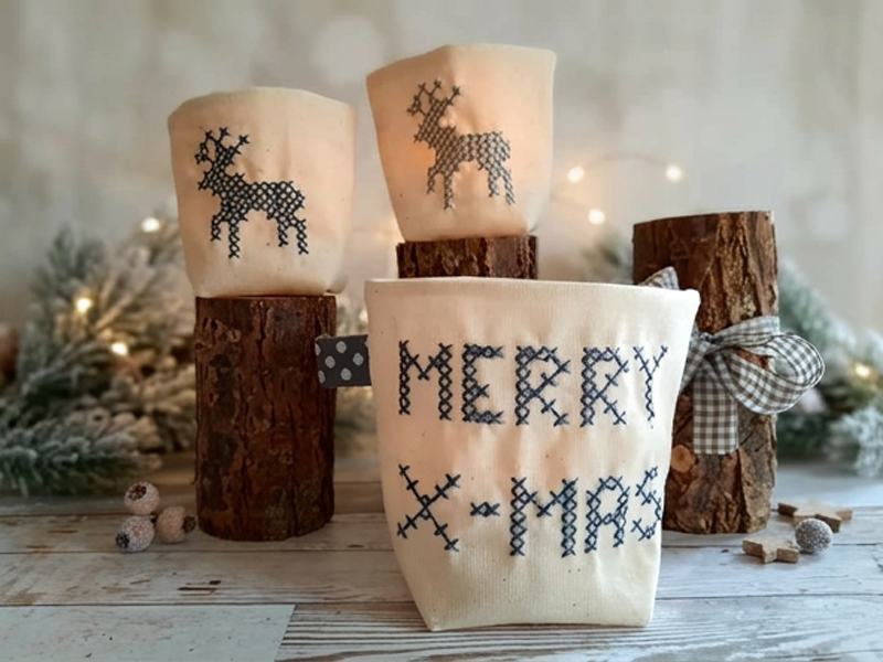 Weihnachtliche Kreuzstich Lichterbeutel - ITH-Stickdatei